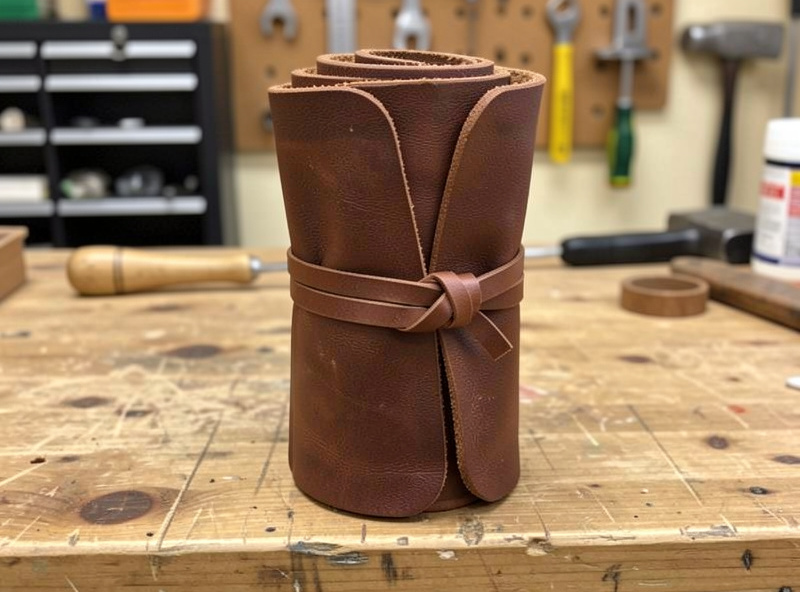 A rolled-up leather tool roll tied closed with a leather wrap tie on a workbench