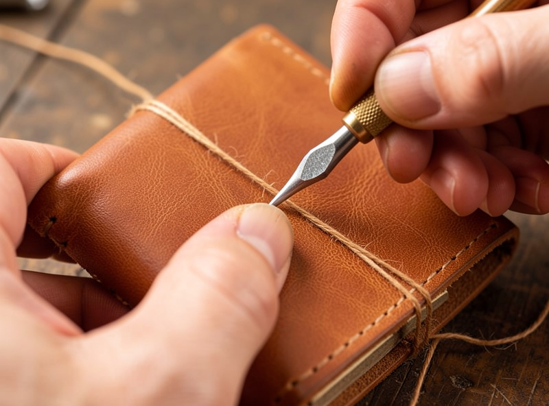 Hands saddle-stitching a veg-tan leather passport cover in a stitching pony