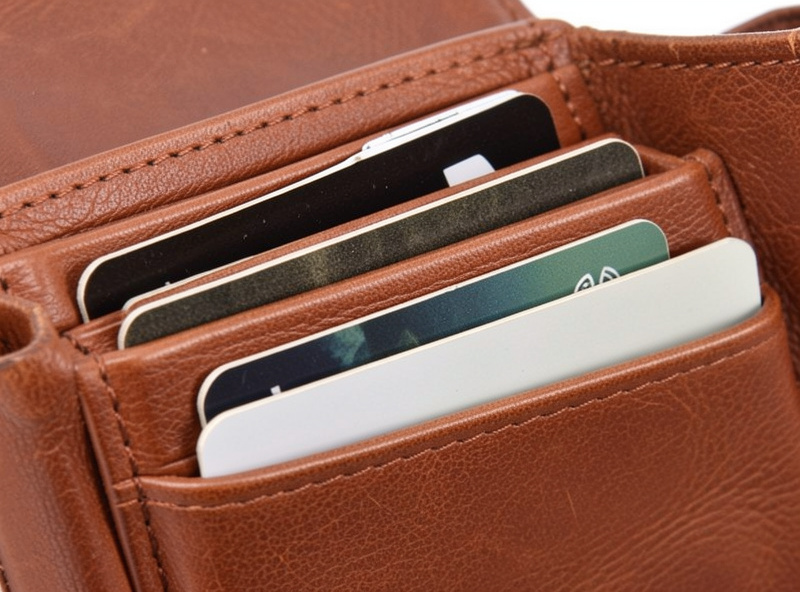 Close-up of stacked card slots and a full-height boarding-pass slot inside a leather travel wallet