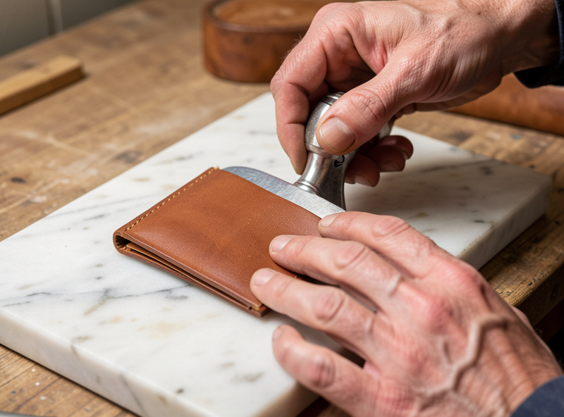 Craftsman skiving thin interior leather layers for a travel wallet with a French skiver