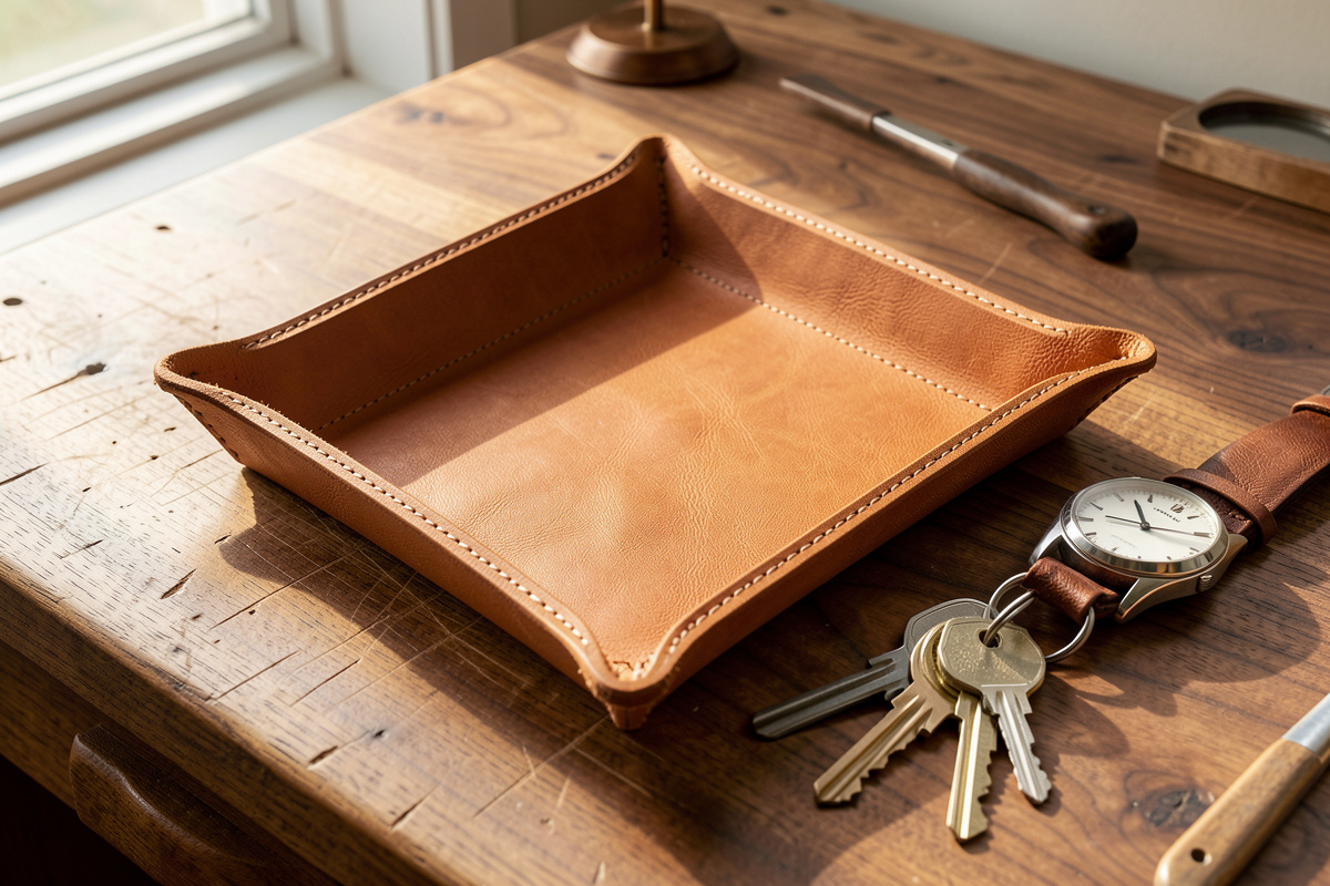 Finished hand-stitched veg-tan leather valet tray with snapped corners on a walnut workbench