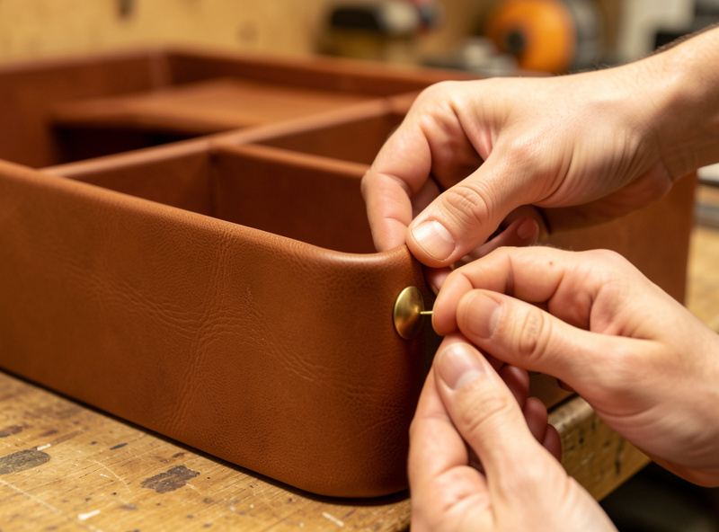 Hands fastening a brass corner snap on a molded leather catchall tray