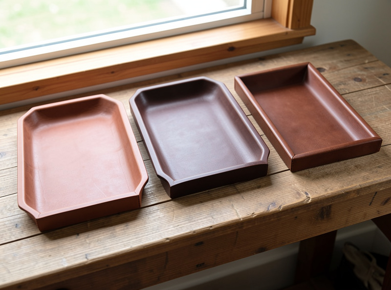 Three finished leather trays of different weights showing shallow to deep walls