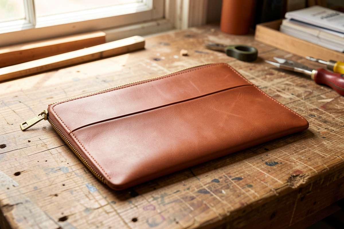 Finished flat two-panel leather zipper pouch with a brass zipper and clean edges