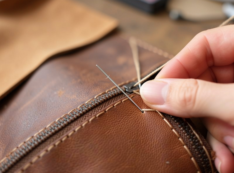Hand saddle-stitching a zipper into a leather pouch panel held in a stitching pony