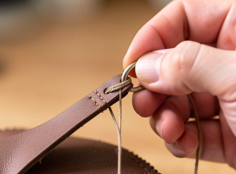 Hand folding and stitching a slim leather zipper pull tab around a small split ring