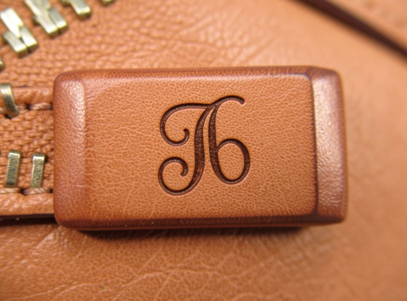 Close-up of a laser-engraved veg-tan leather zipper pull tab with a fine monogram