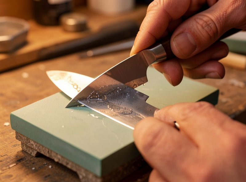 Hands honing a curved head knife blade on a fine waterstone