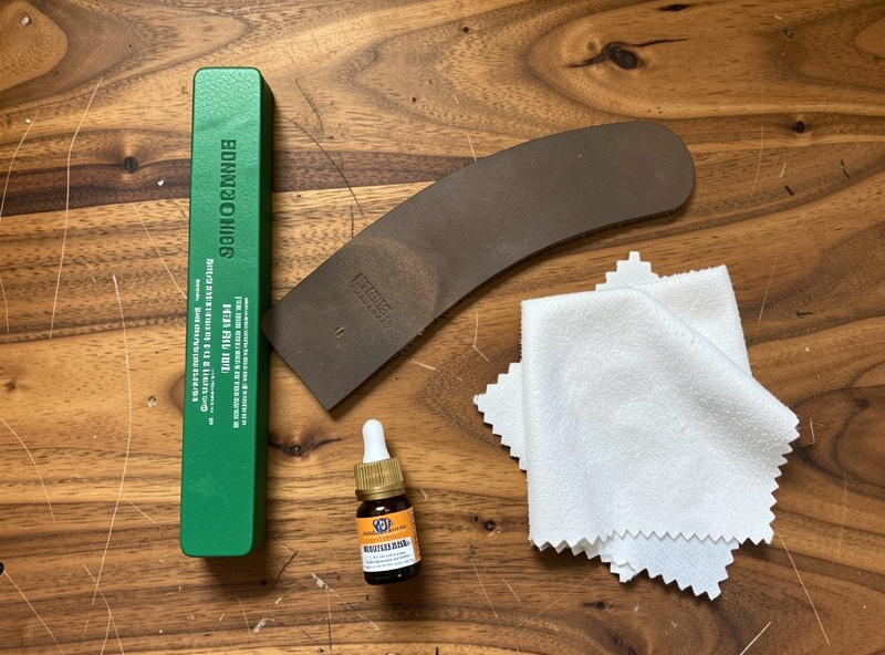 Flat-lay of leather tool maintenance kit with green compound, strop, oil and cloth