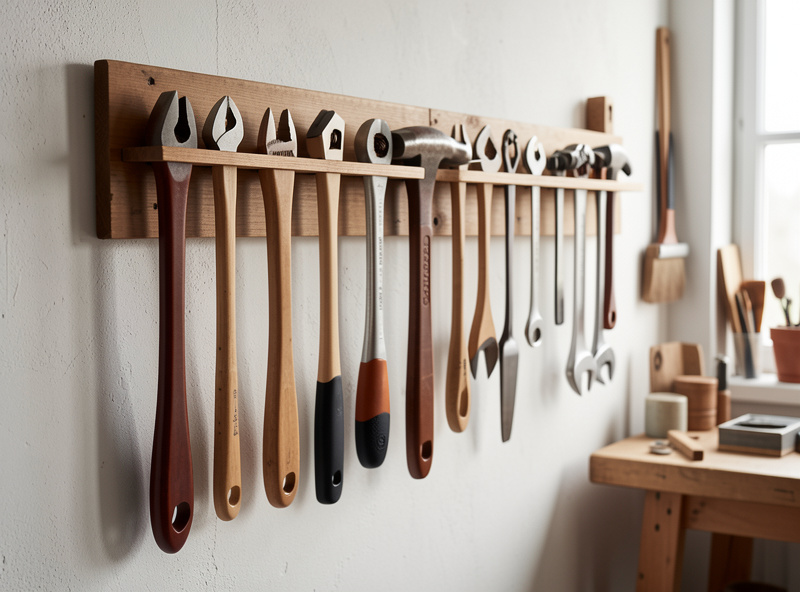 Wall-mounted magnetic rack holding polished, rust-free leather tools