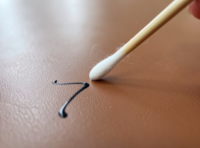 Ballpoint pen ink mark on a finished leather surface being tested with a cotton swab
