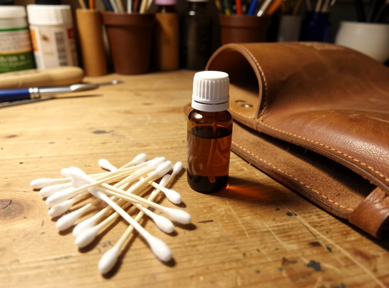 Cotton swabs and a small bottle of isopropyl alcohol laid out for treating ink on leather