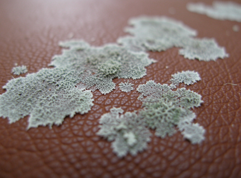 Grey-green mildew bloom spreading across the surface of a brown leather bag