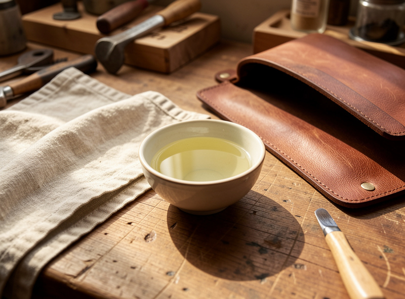 Cloth and a small bowl of diluted vinegar solution used to wipe mildew from leather