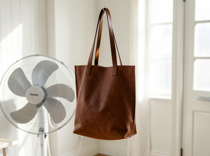 Leather bag drying in a shaded well-ventilated spot with a fan nearby after mold treatment