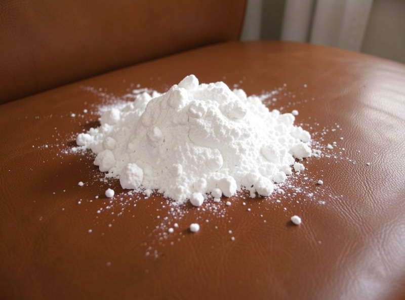 A layer of white absorbent powder piled over an oil stain on leather to draw it out