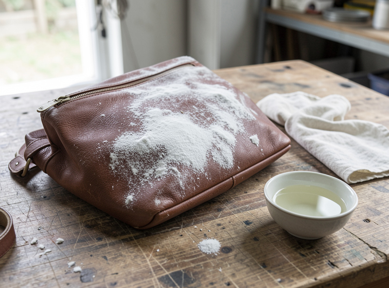 Mildew bloom on a leather bag being treated on a workshop bench