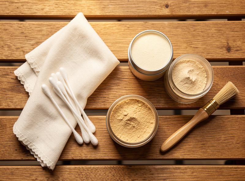 Bench layout of leather cleaning supplies including cloths, conditioner and absorbent powder