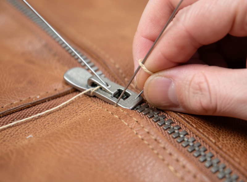 Hands saddle-stitching a zipper tape to the flesh side of veg-tan leather with two needles