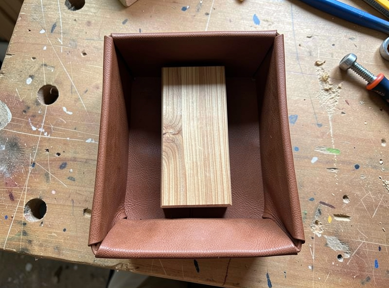 A wooden positive form block sitting inside a leather tray blank with walls folded up around it